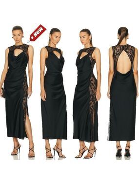 JONATHAN SIMKHAI VEA Black Sleeveless Lace-Trim Open-Back ruched draped Gown NWT